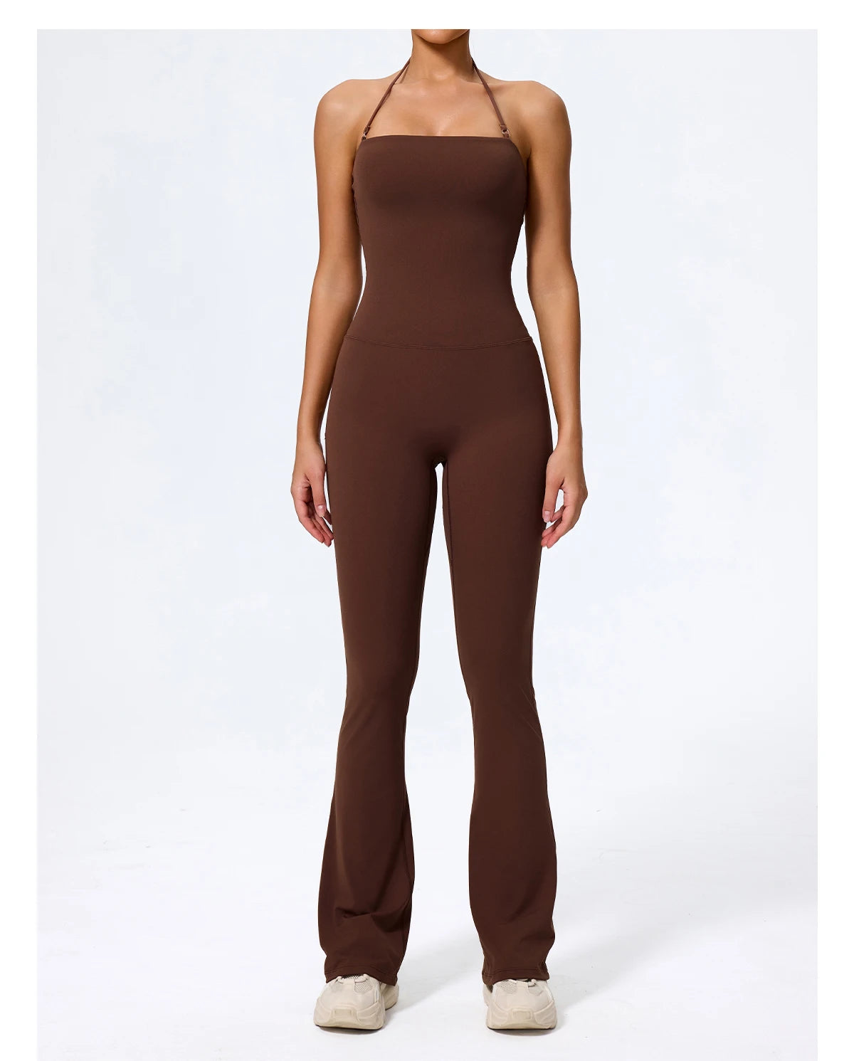 Jumpsuit brown, coffee colourway, front view with halter neck