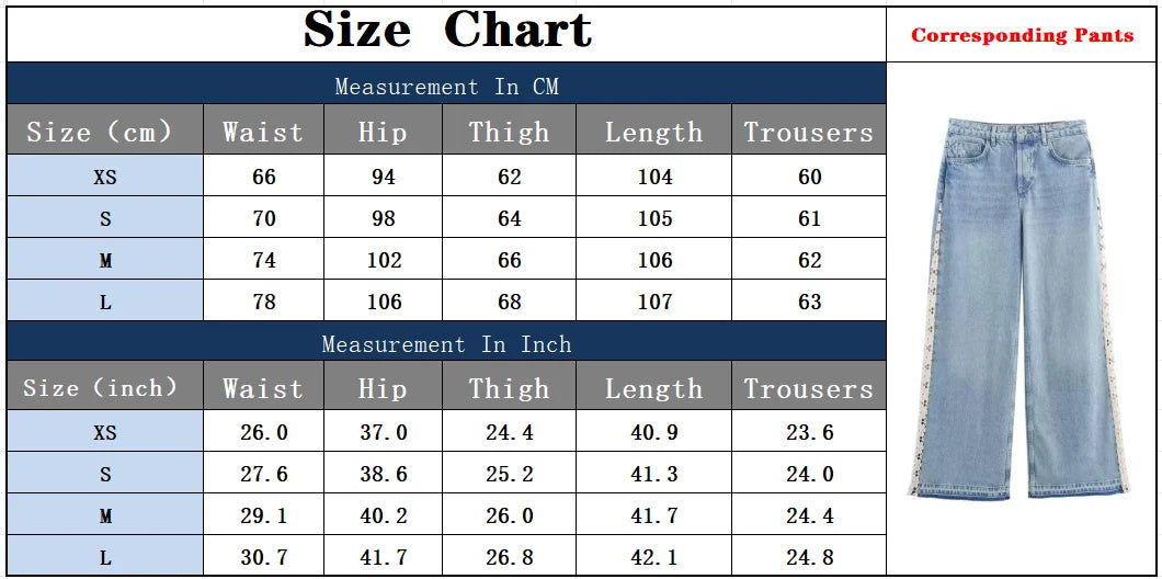 Size chart for light wash lace trim jeans, XS to L, waist hip thigh length in cm and inches