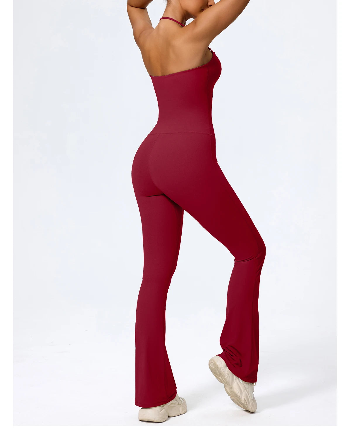 Burgundy wide leg jumpsuit rear three-quarter view