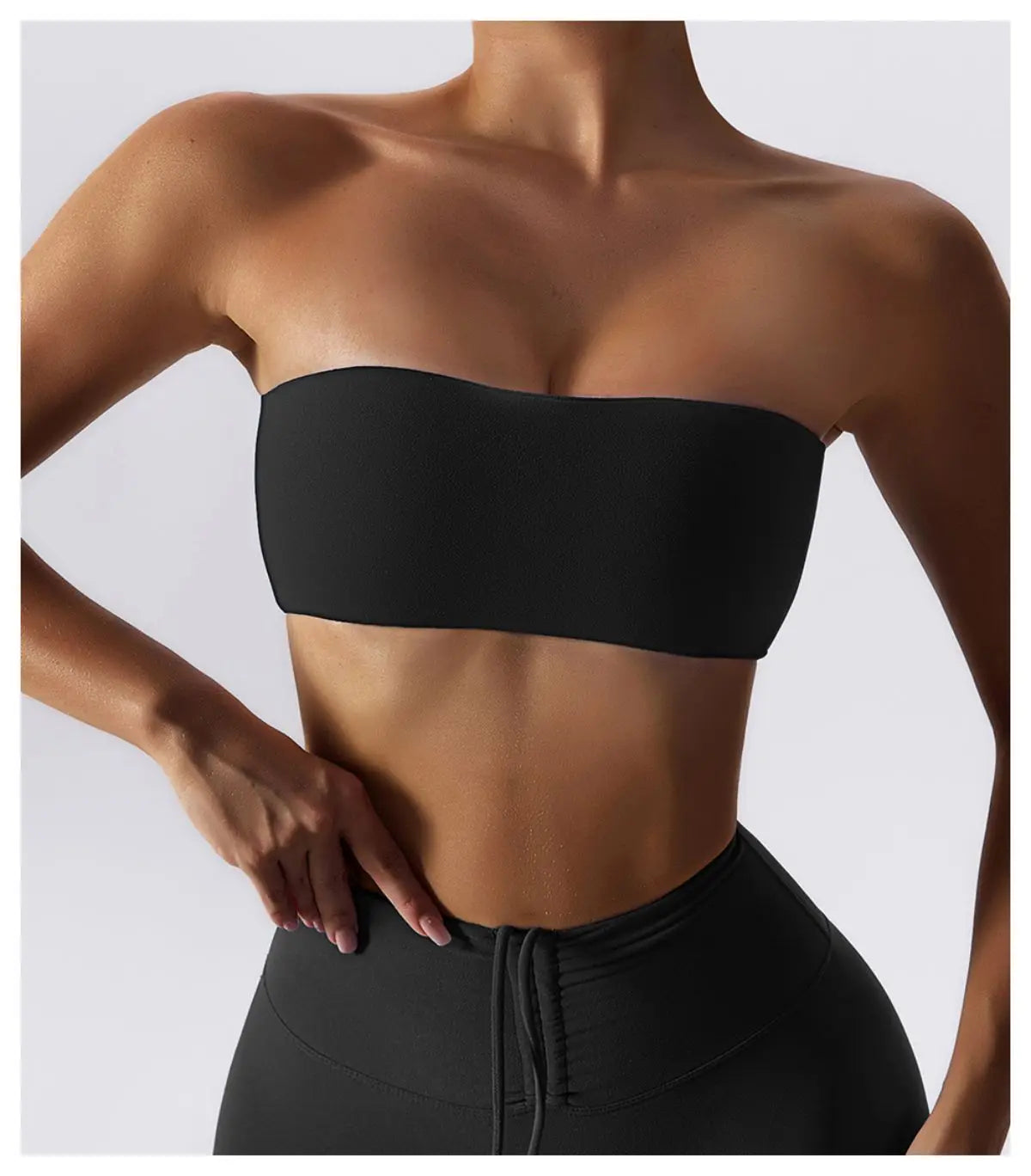 Black seamless strapless bra, close front view