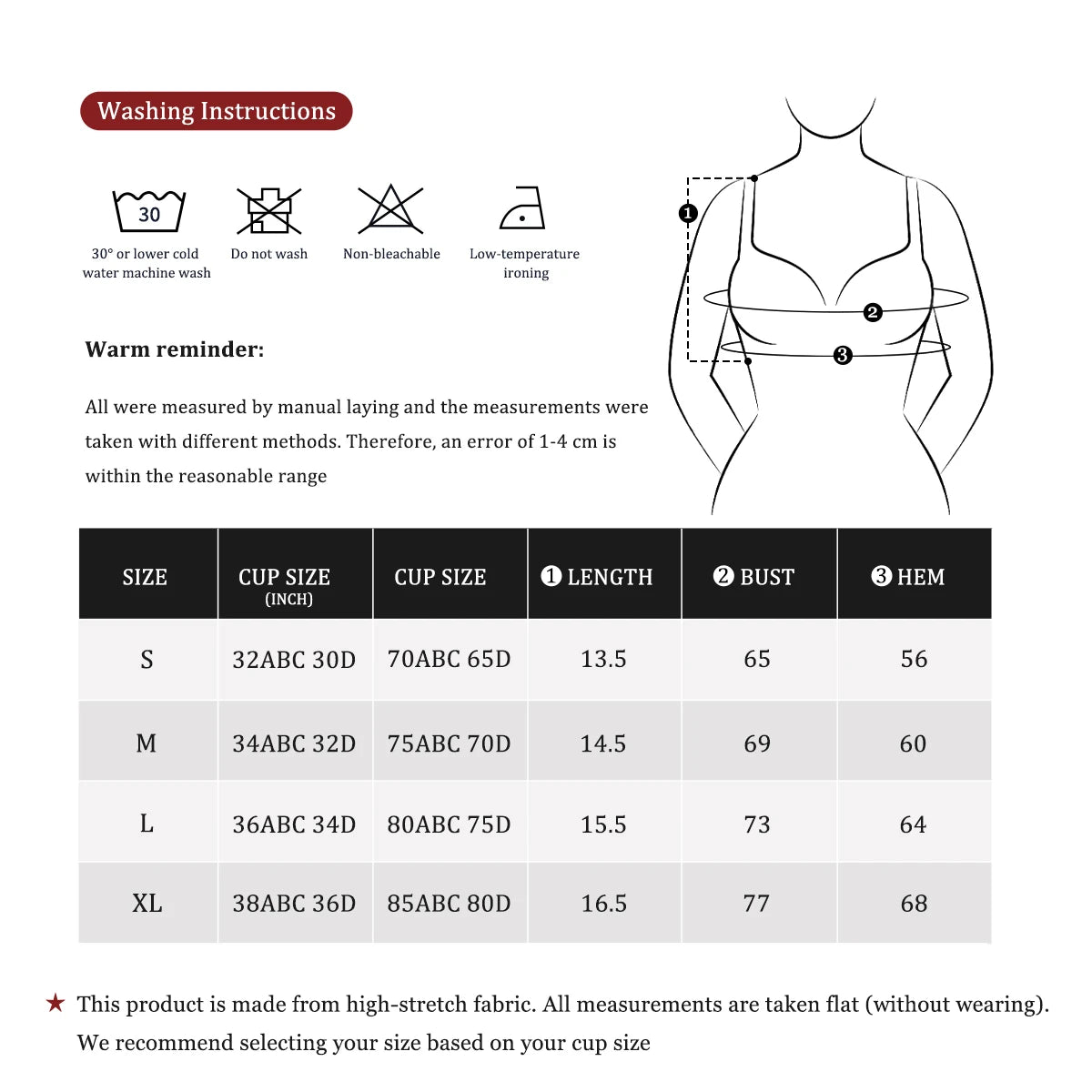 Bandeau bra size chart with cup size, length, bust and hem in centimetres