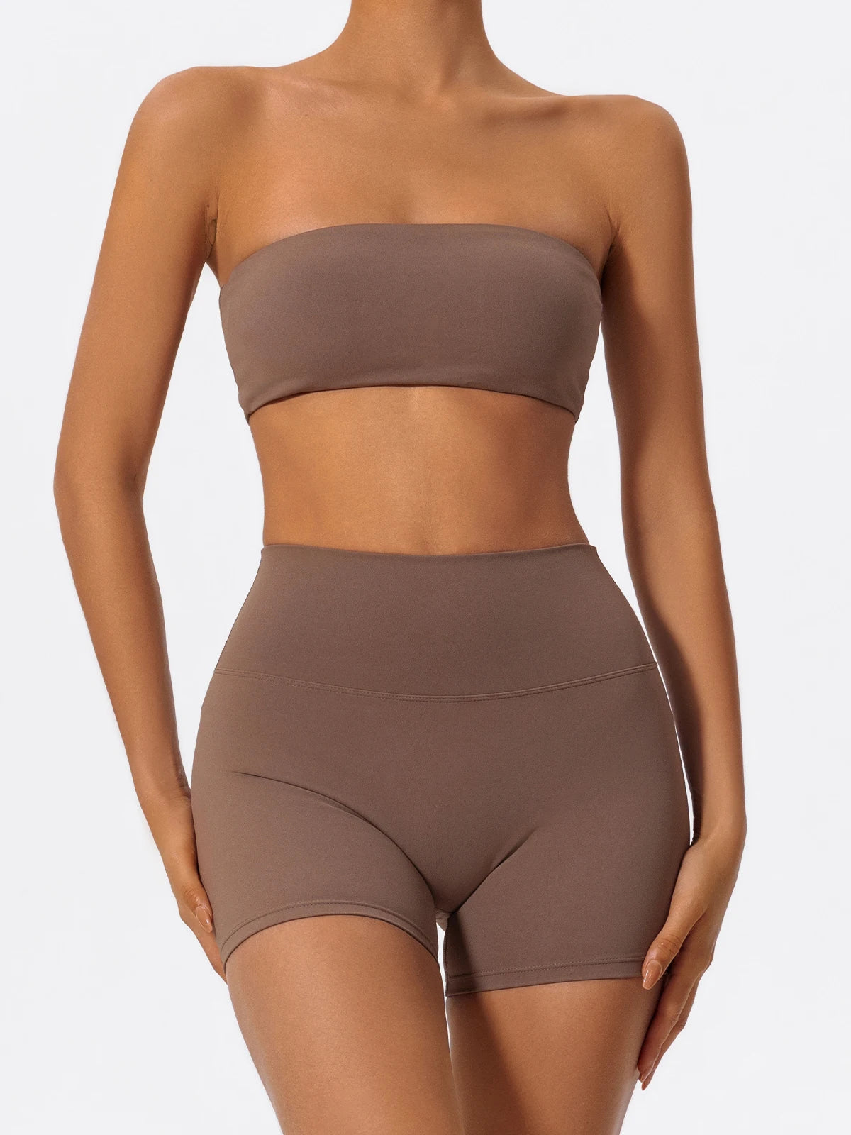 Brown workout set, front view on model