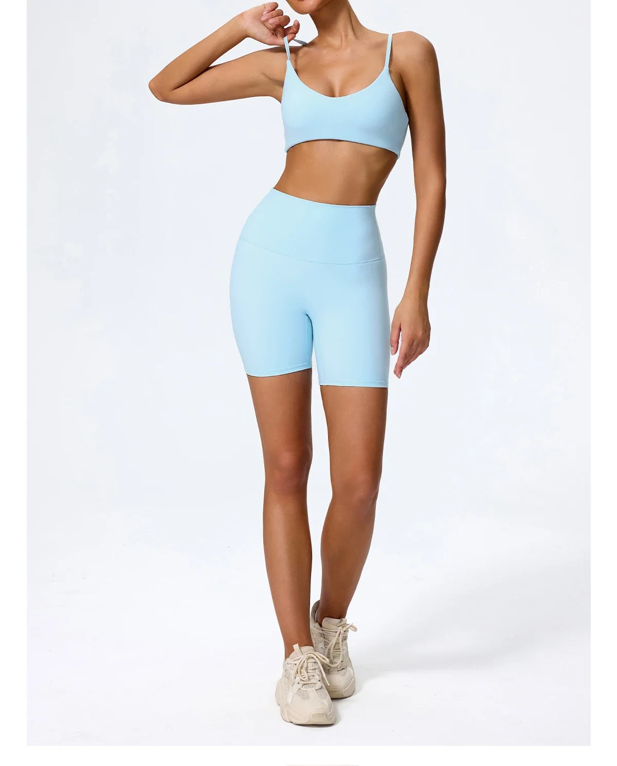 Sky blue leggings set, side view on model