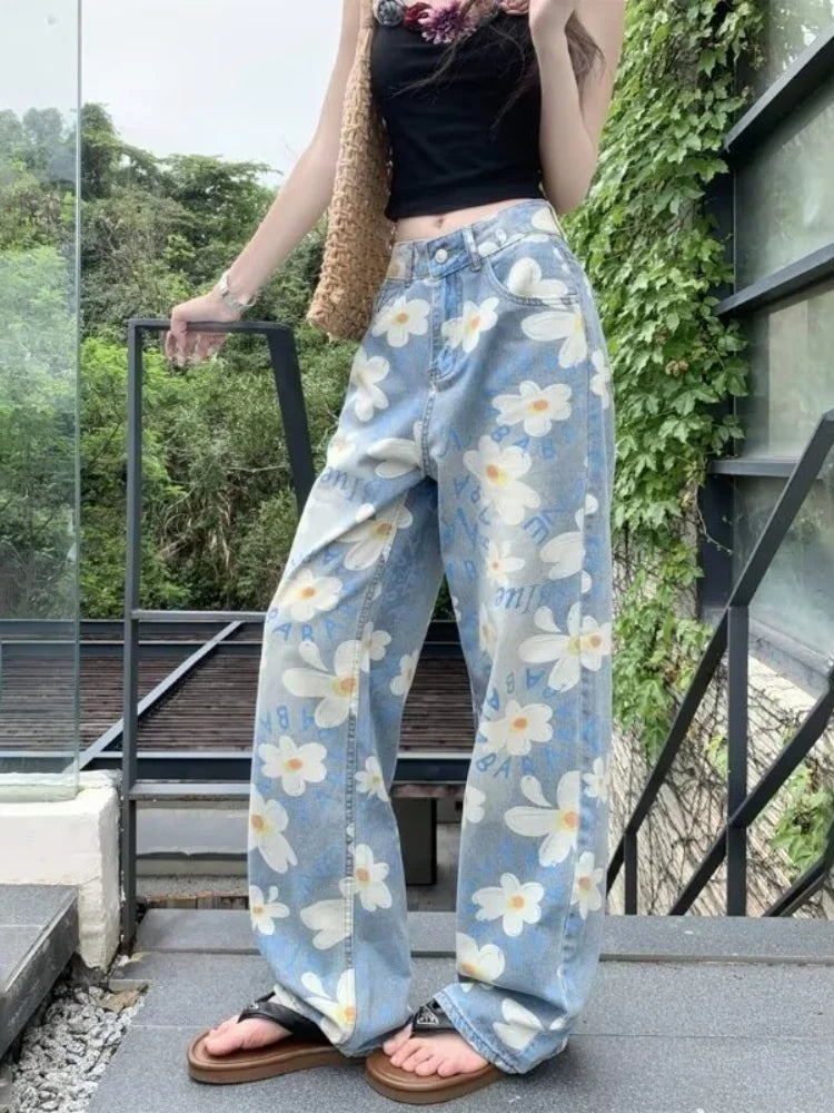 Light blue daisy print jeans, front, mid rise waist