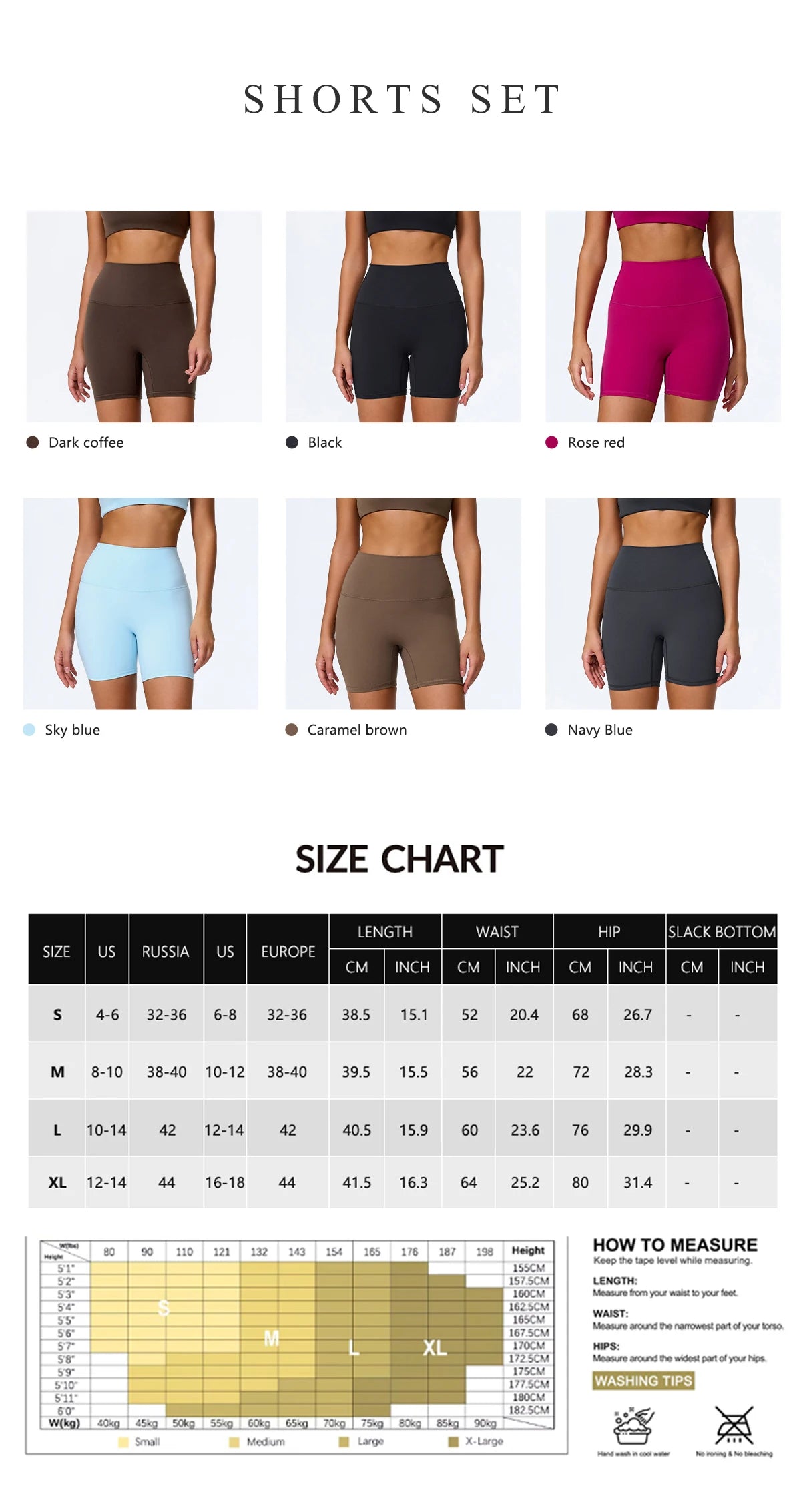 Biker shorts size chart with length, waist and hip in centimetres and inches