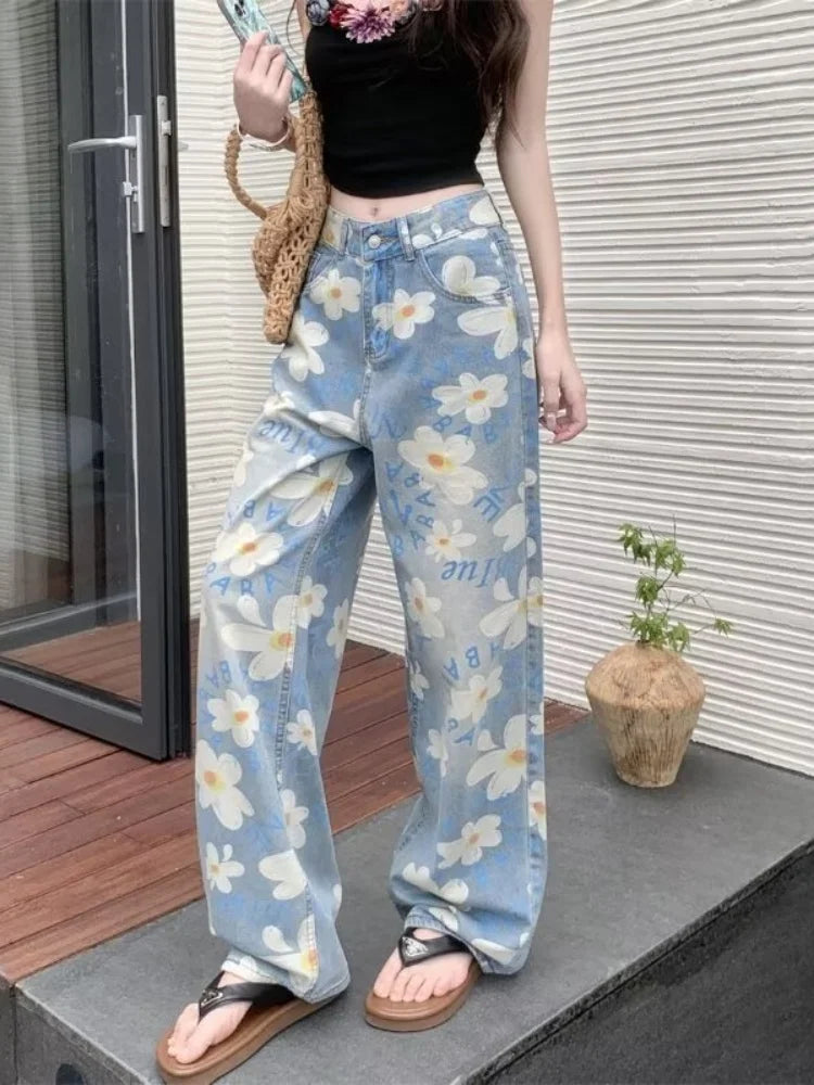 Light wash floral print jeans, front, wide straight leg with woven bag