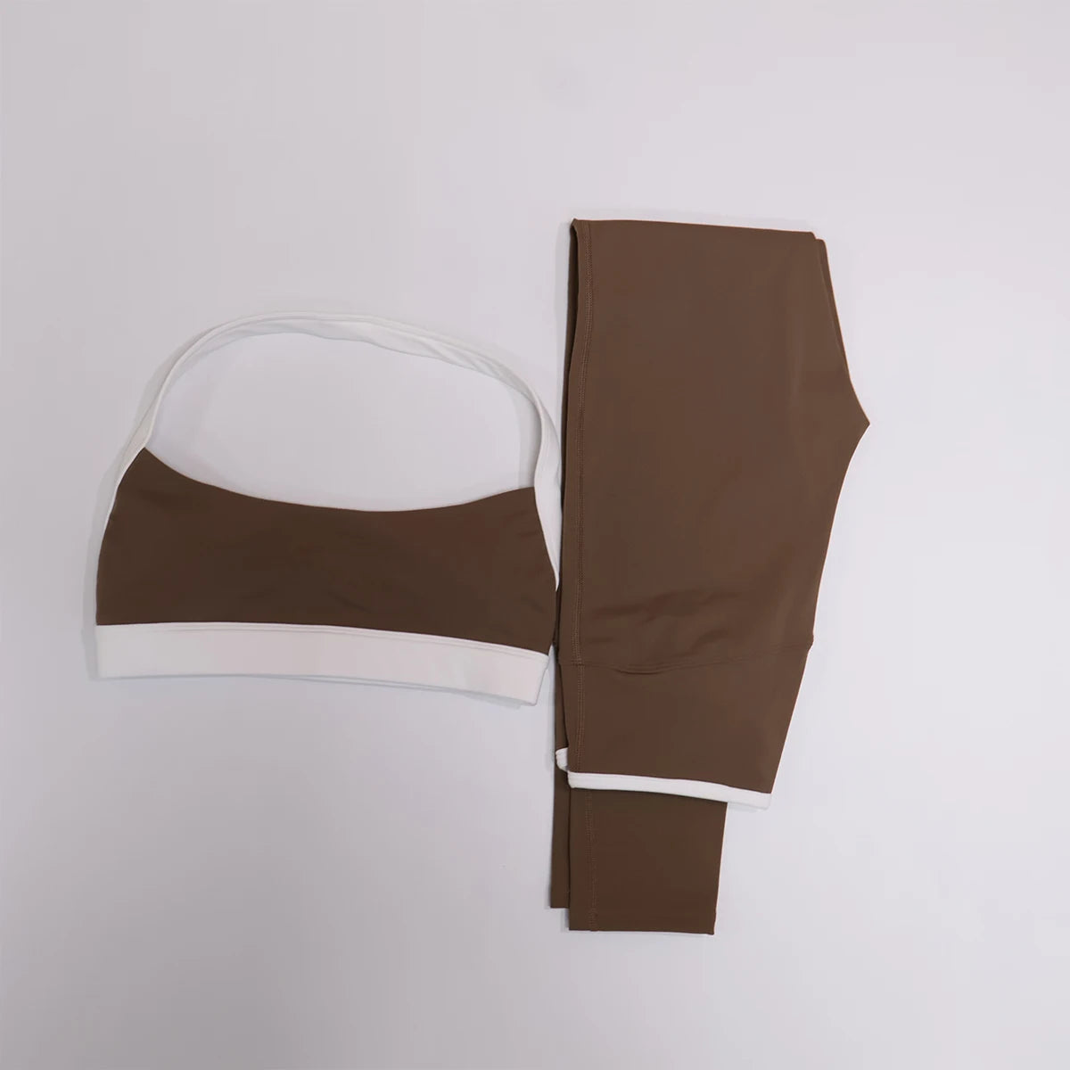 Caramel butt lifting leggings and bra set, flat lay front view