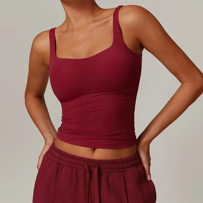 Red tank top with built in bra, front view on model