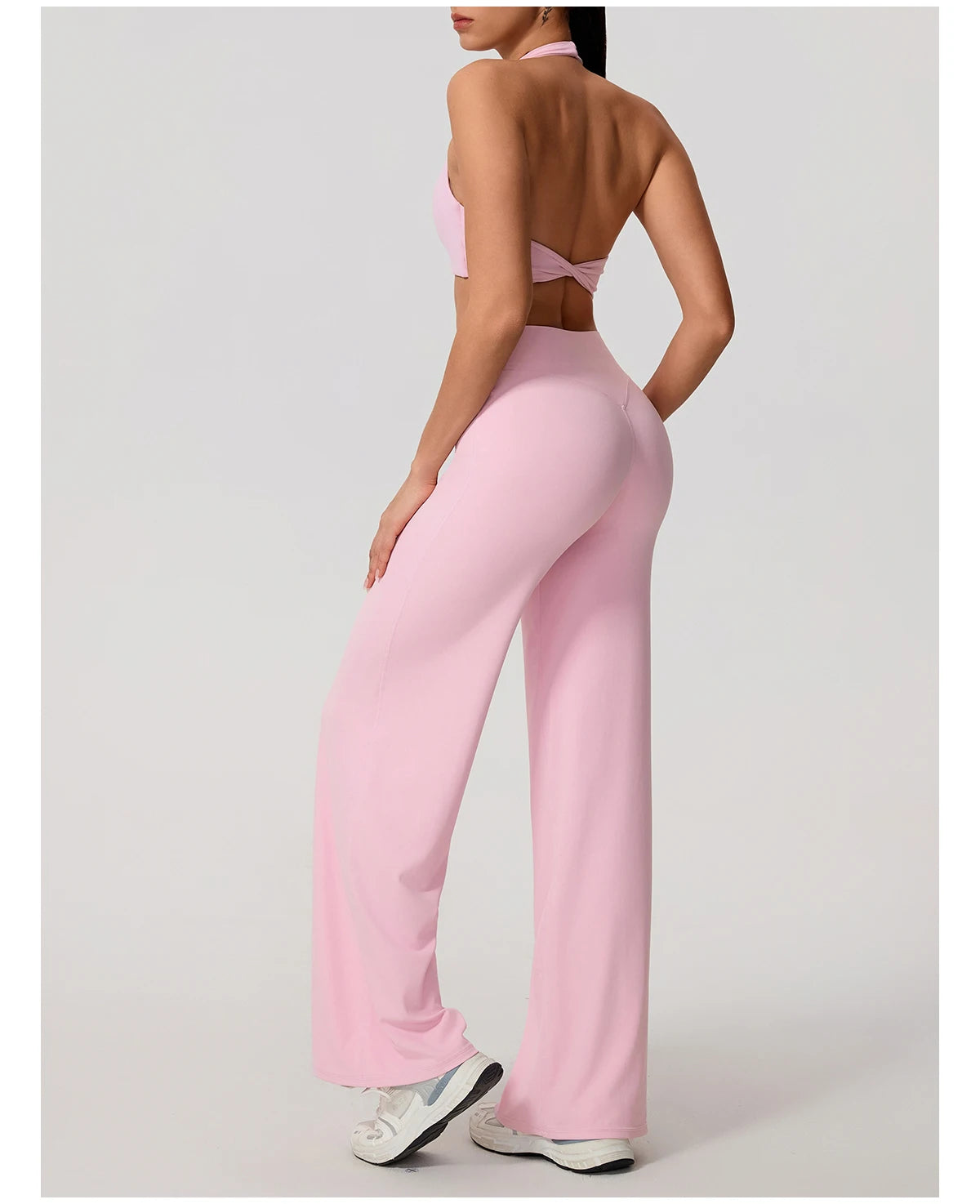 Peach pink workout set three quarter view