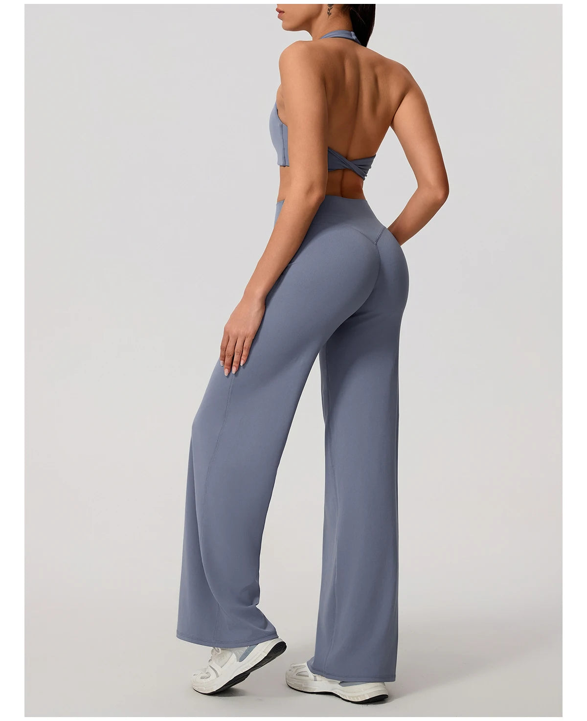 Granite blue two piece workout set, side view showing the wide leg