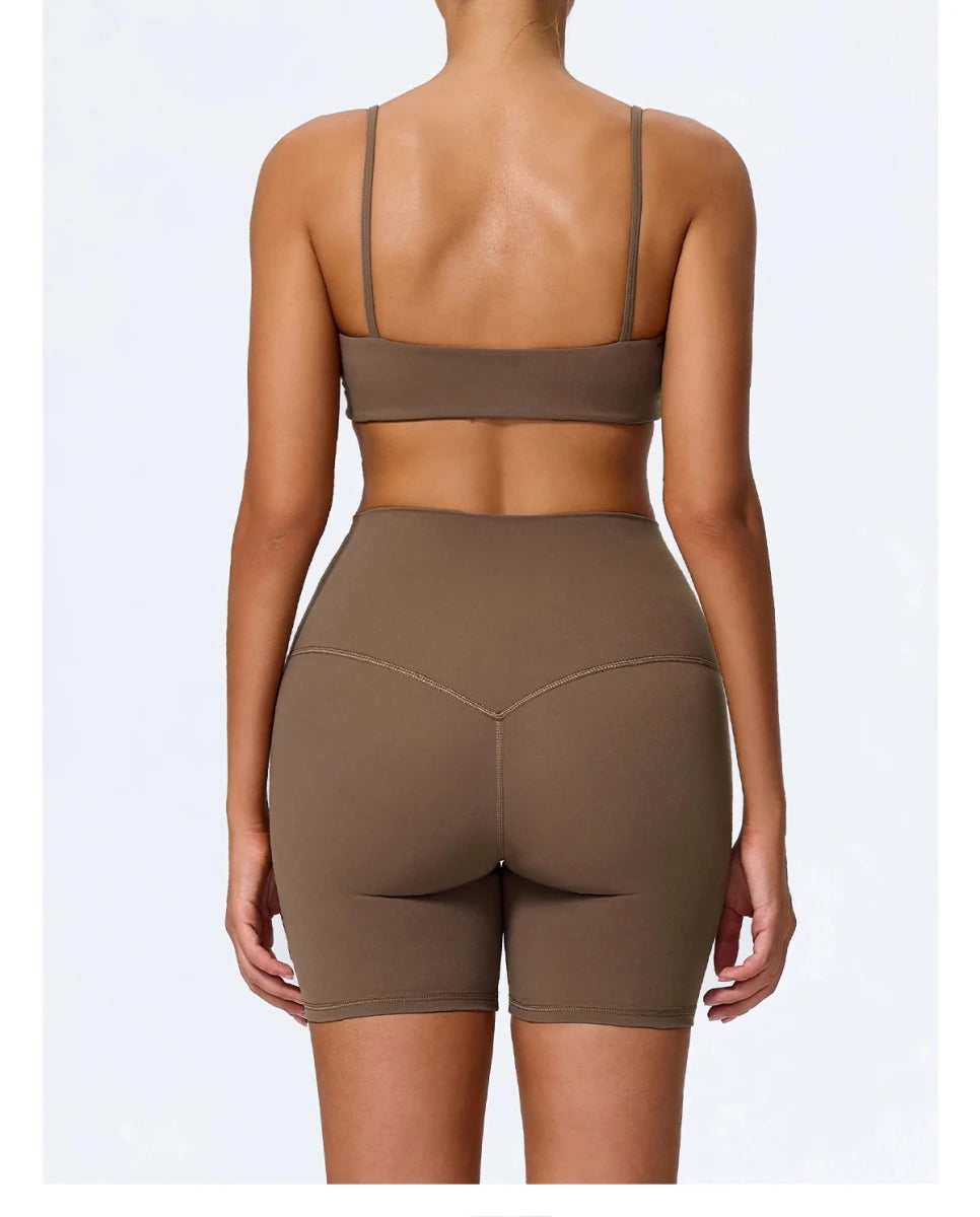 Caramel biker shorts, back view, centre back seam