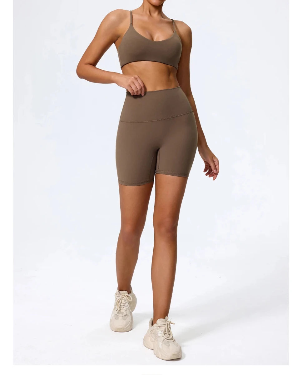 Caramel biker shorts set, side, walking