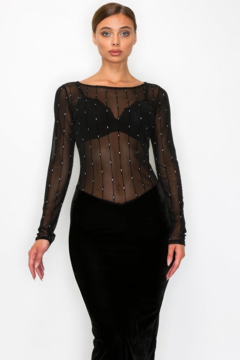 Black Velvet Dress - Sheer Contrast Holiday Midi - TGC Boutique - Midi Dress