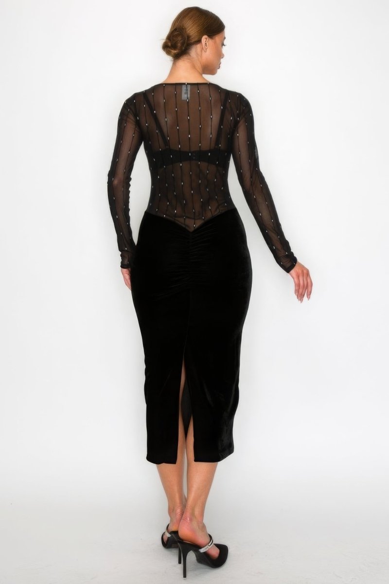 Black Velvet Dress - Sheer Contrast Holiday Midi - TGC Boutique - Midi Dress
