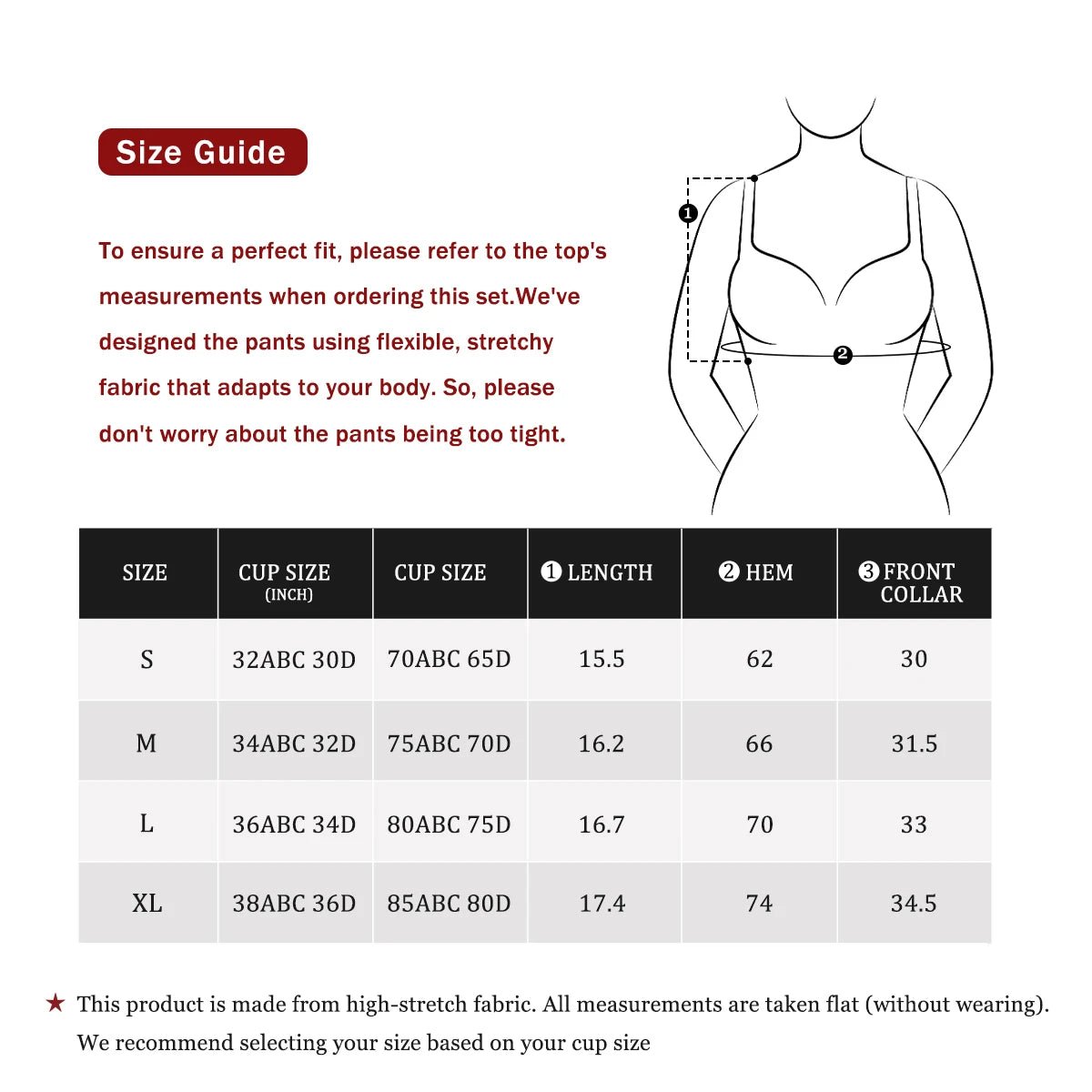 Sports bra size guide, S to XL by cup size, length and hem in cm