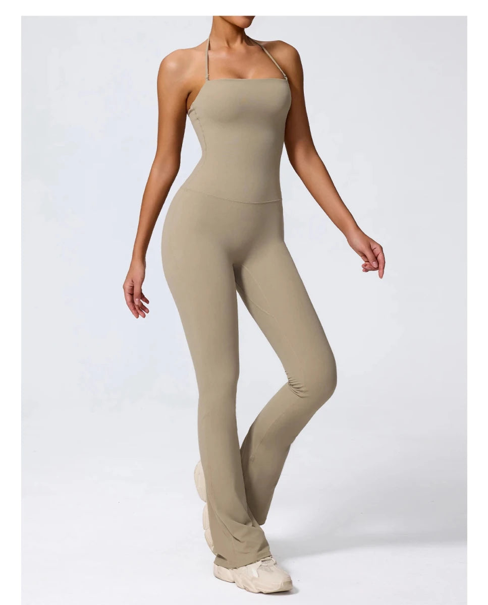 Sand halter jumpsuit, three quarter front