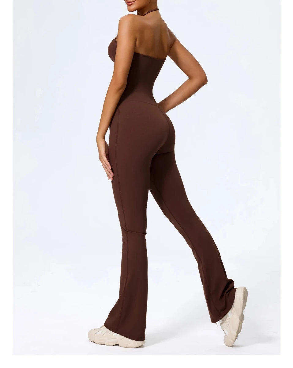Coffee one piece jumpsuit, back view, open back
