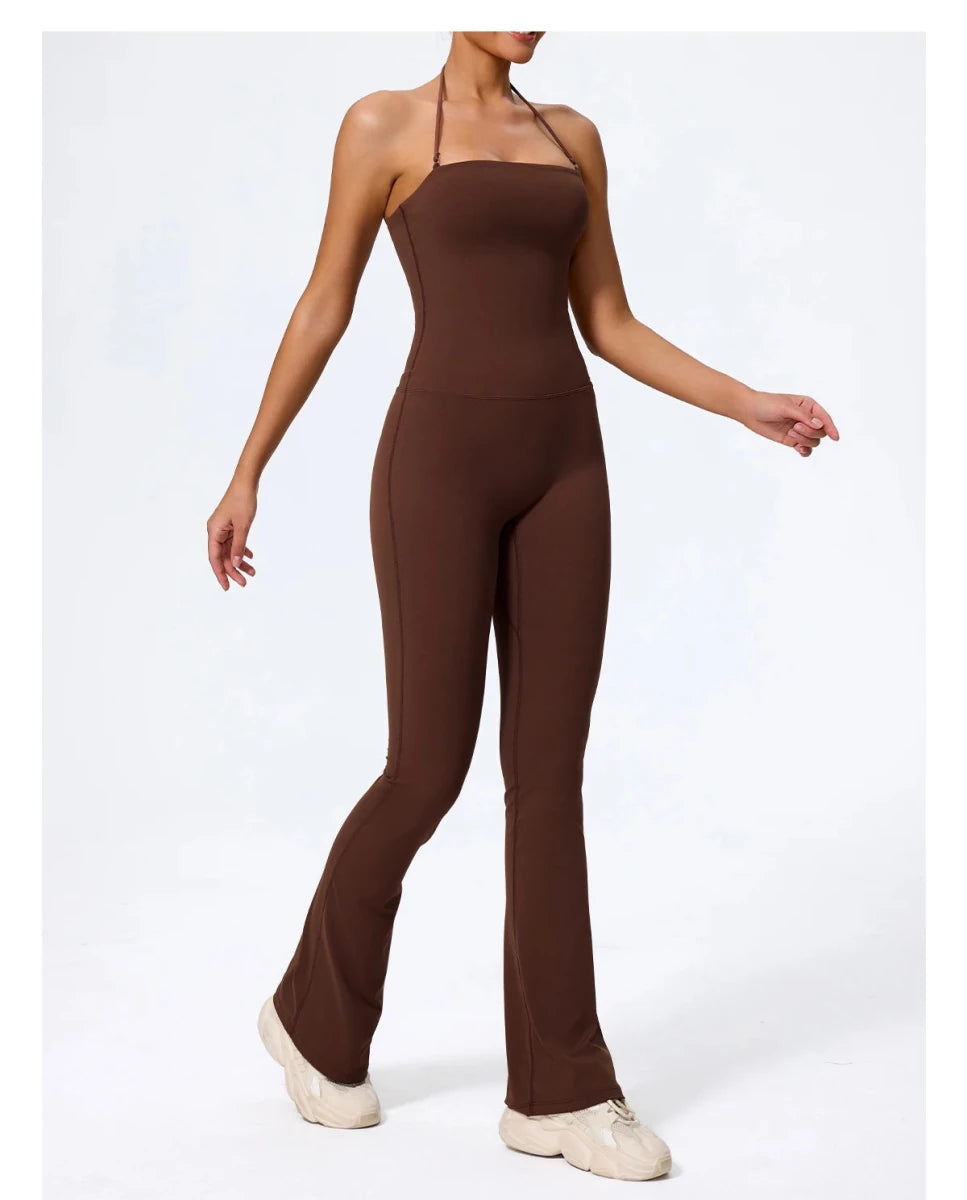 Coffee wide leg jumpsuit, three quarter, arm out