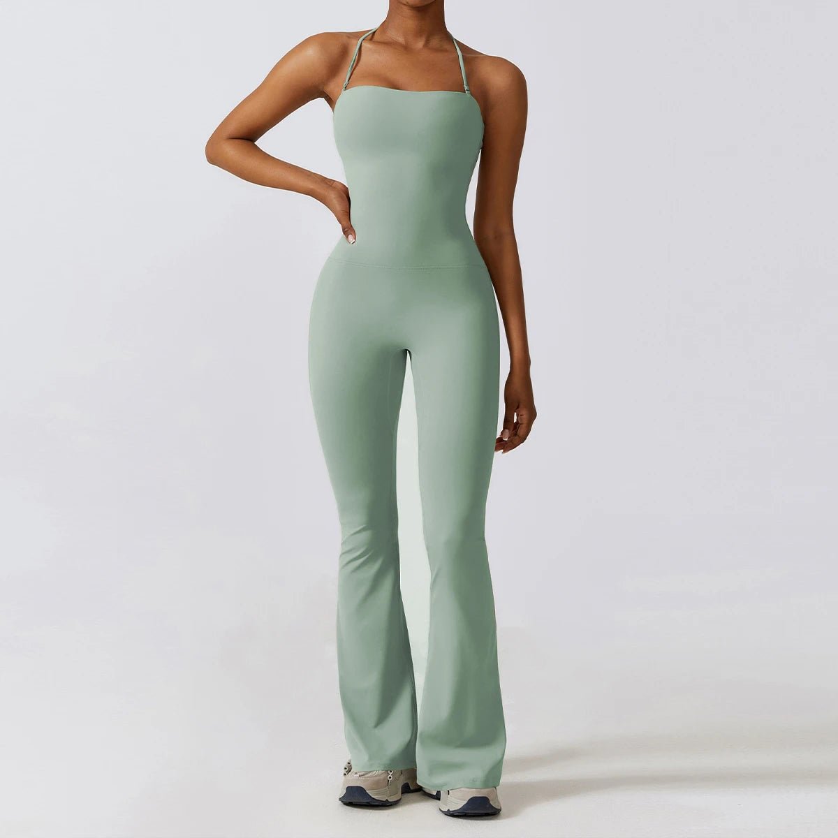 Sage green wide leg halter jumpsuit, front, full length