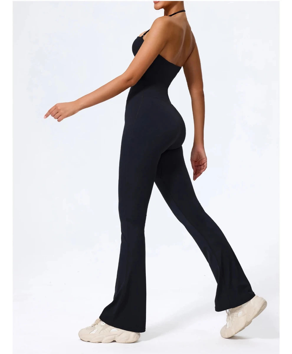 Black wide leg jumpsuit walking, side, open back