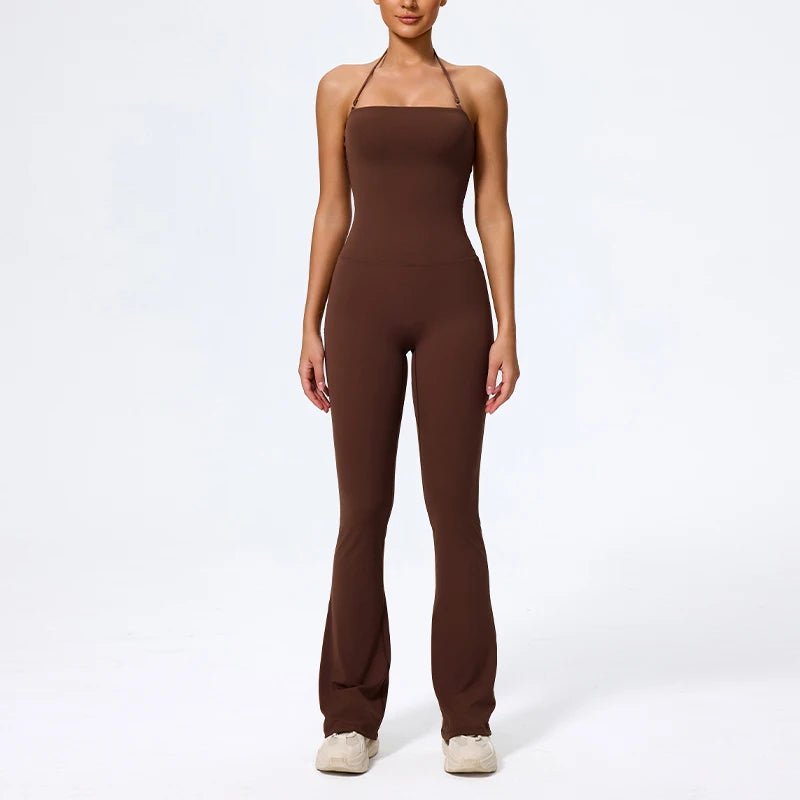 Coffee wide leg halter jumpsuit, front, full length