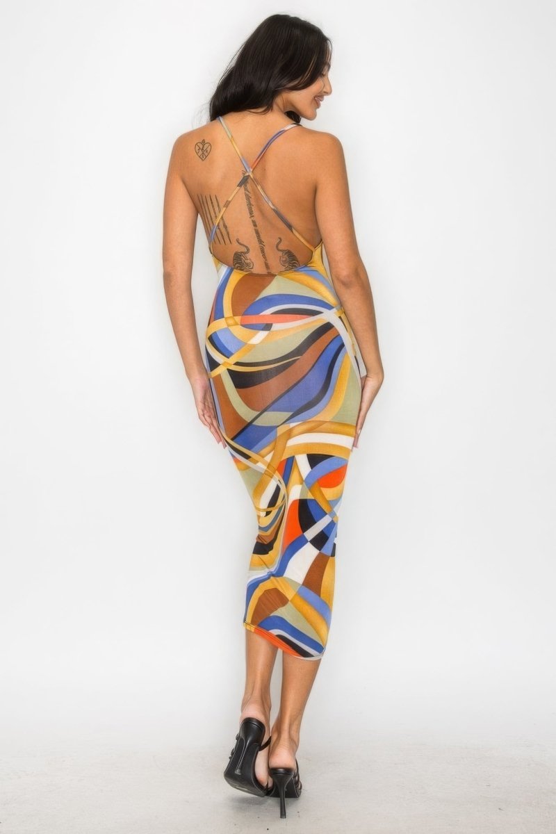Crossed Back Marble Print Multicolor Midi Dress - TGC Boutique -