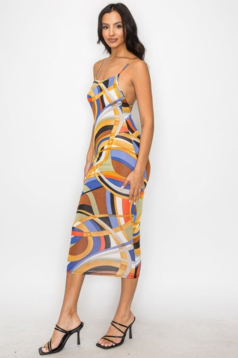 Crossed Back Marble Print Multicolor Midi Dress - TGC Boutique -