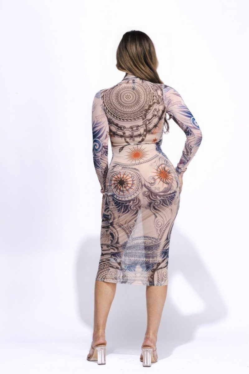 Edgy Tattoo Print Mesh Midi Dress - TGC Boutique - Midi Dress