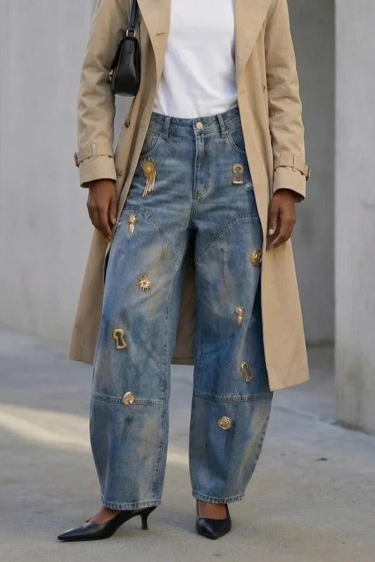 Embellished Barrel Jeans for Women with Gold Charms - TGC Boutique - Jeans