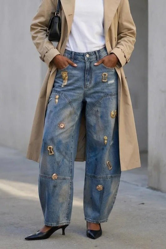 Embellished Barrel Jeans for Women with Gold Charms - TGC Boutique - Jeans