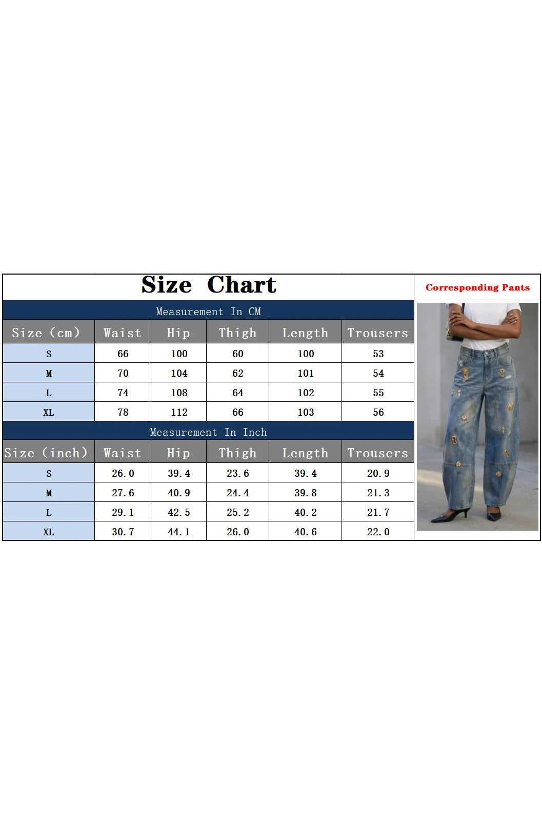 Size chart for embellished barrel jeans, S to XL, waist hip thigh length in cm and inches