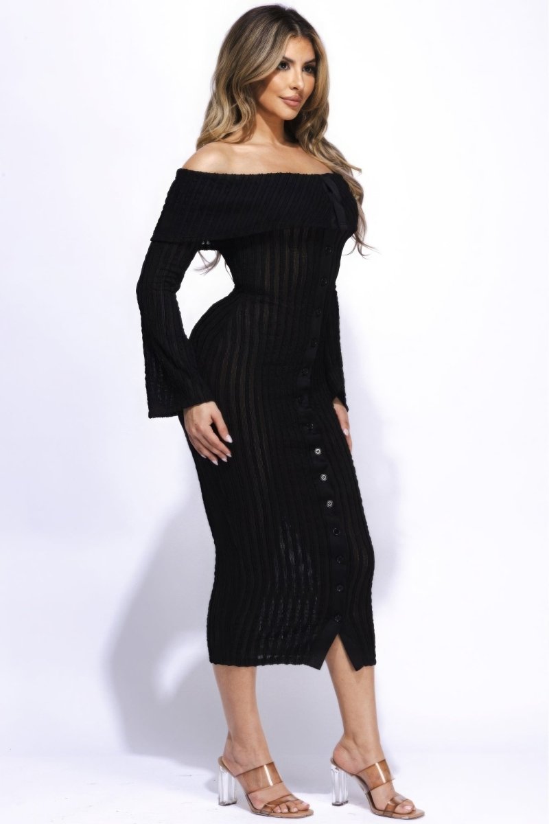 Flared Sleeve Off The Shoulder Black Midi Dress - TGC Boutique - Midi Dress