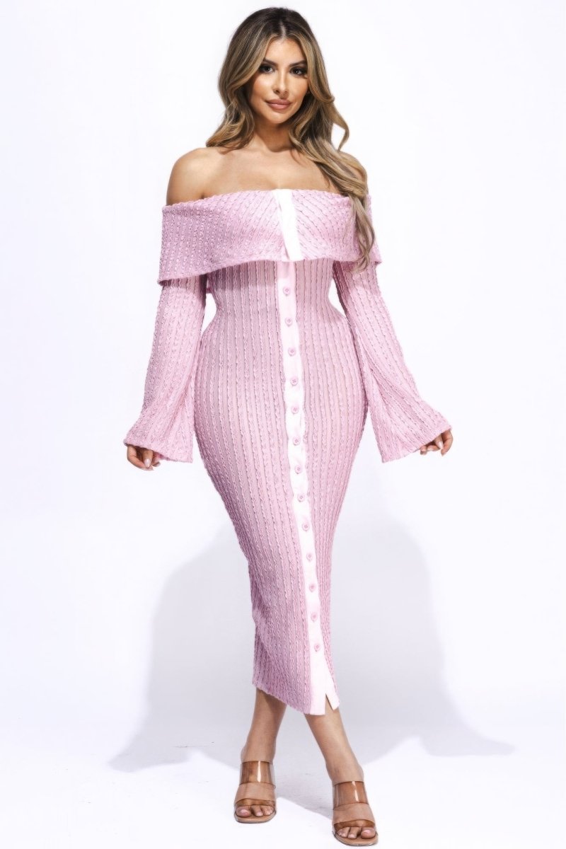 Flared Sleeve Off The Shoulder Pink Midi Dress - TGC Boutique - Midi Dress
