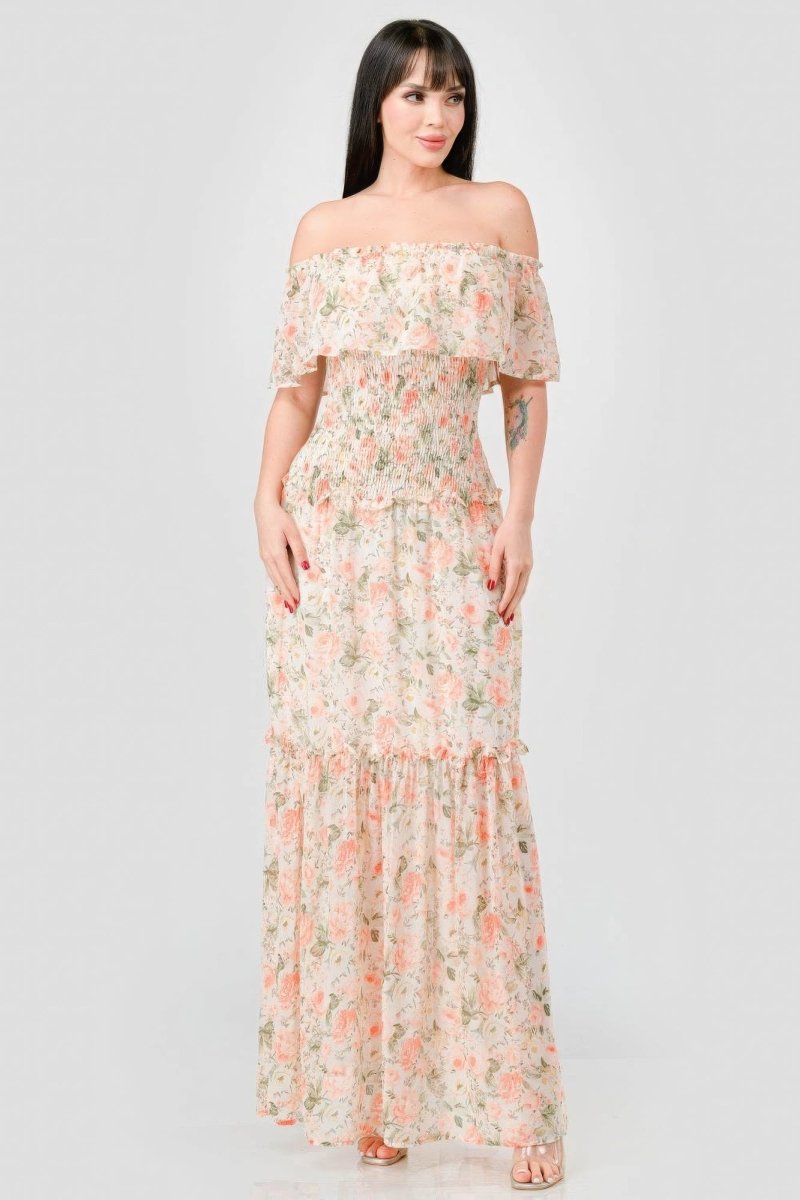Floral Chiffon Off Shoulder Tiered Maxi Dress - TGC Boutique - maxi dress