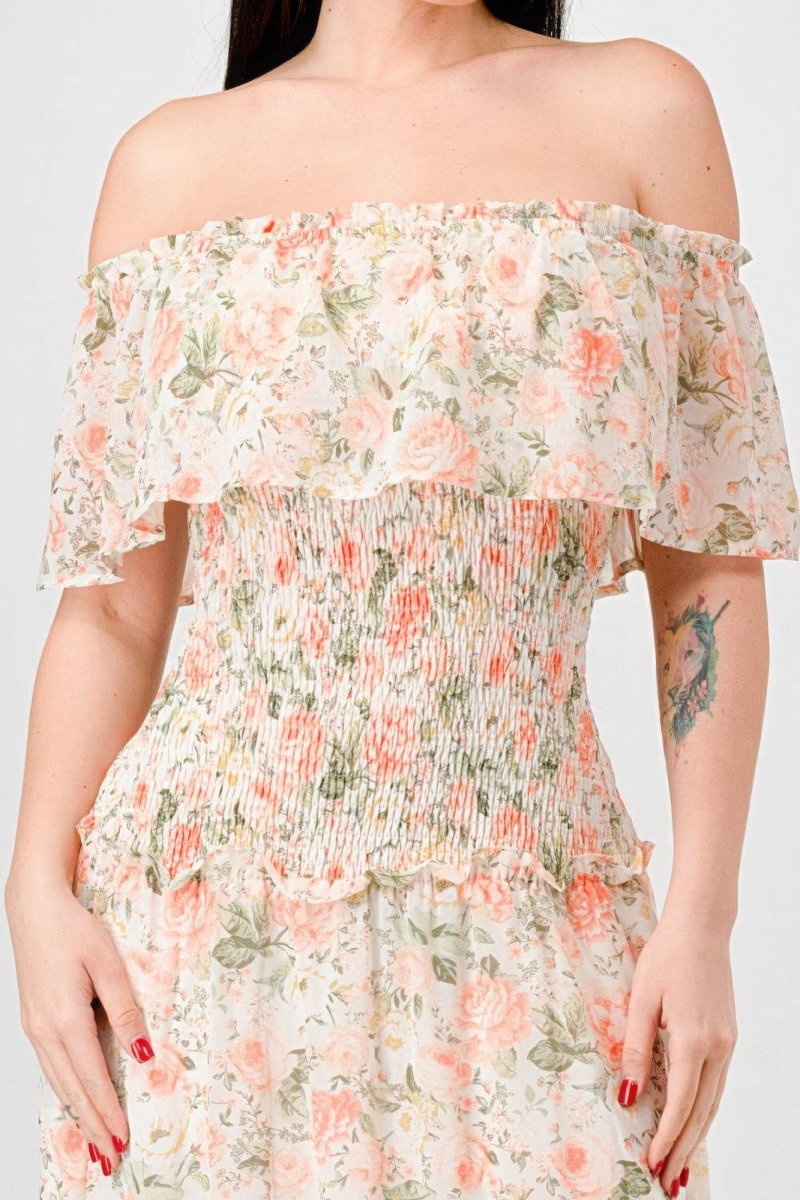Floral Chiffon Off Shoulder Tiered Maxi Dress - TGC Boutique - maxi dress