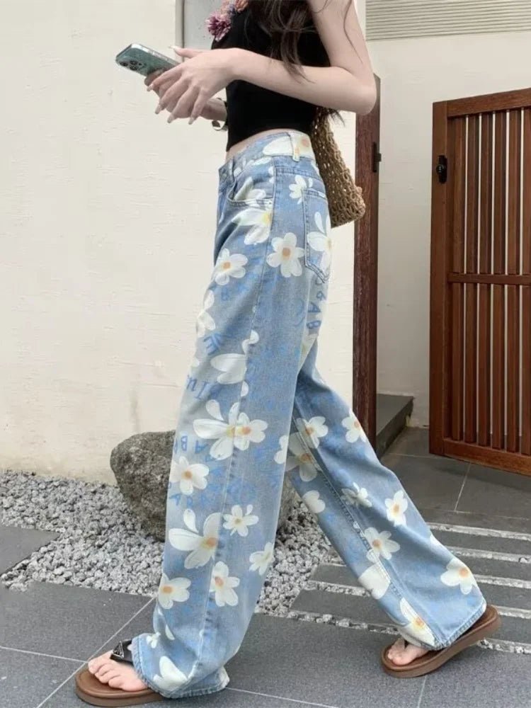 Floral Jeans for Women, Light Wash Baggy Wide Leg - TGC Boutique - Jeans