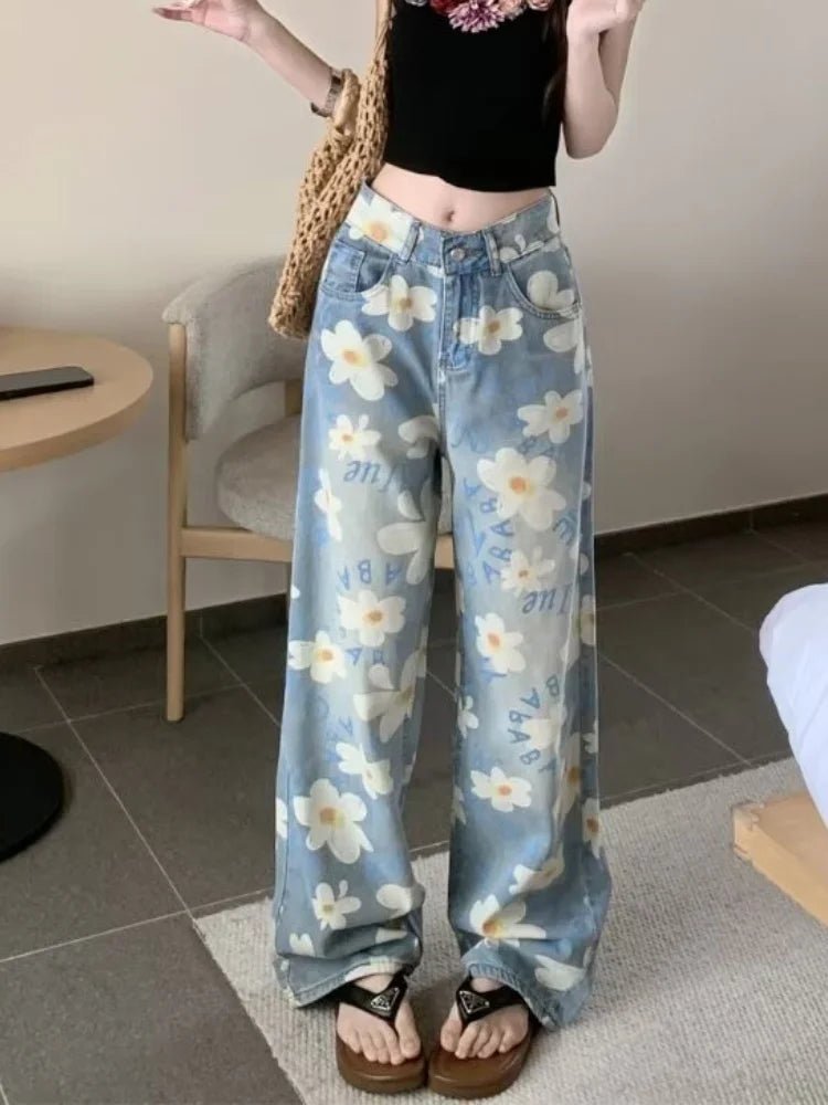 Floral Jeans for Women, Light Wash Baggy Wide Leg - TGC Boutique - Jeans