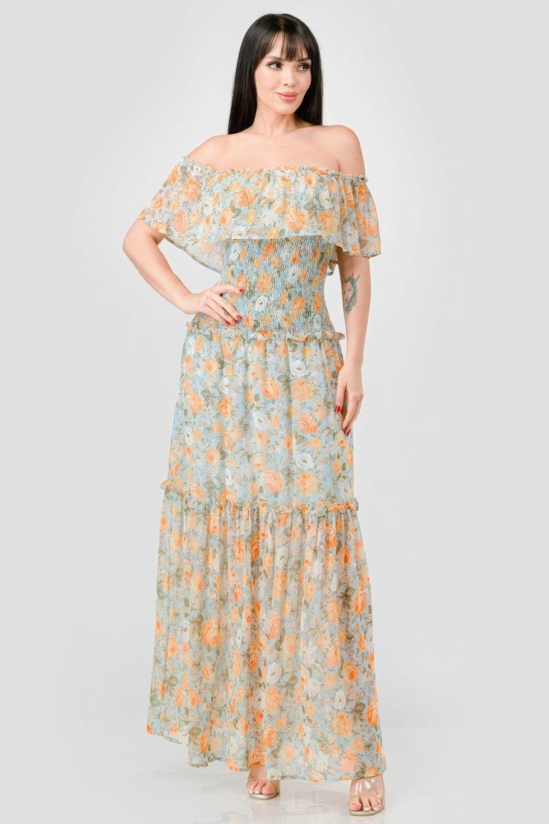 Floral Off Shoulder Wedding Guest Maxi Dress - TGC Boutique - maxi dress