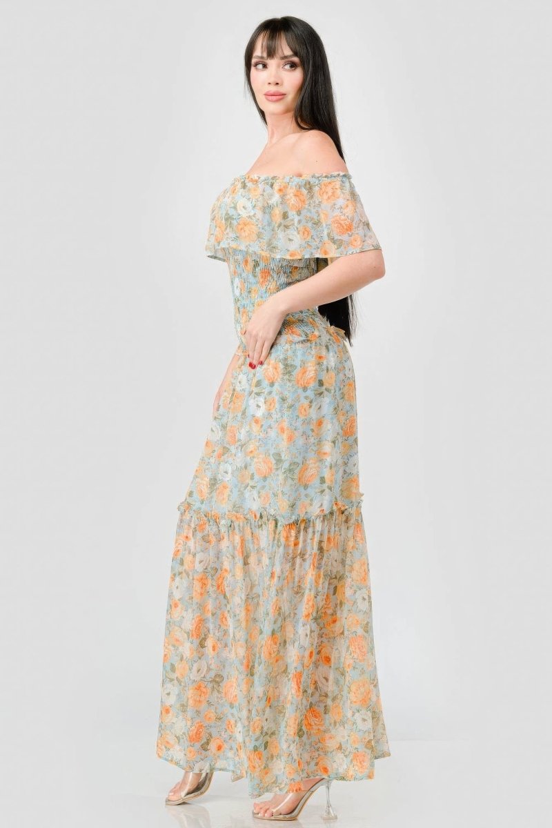 Floral Off Shoulder Wedding Guest Maxi Dress - TGC Boutique - maxi dress