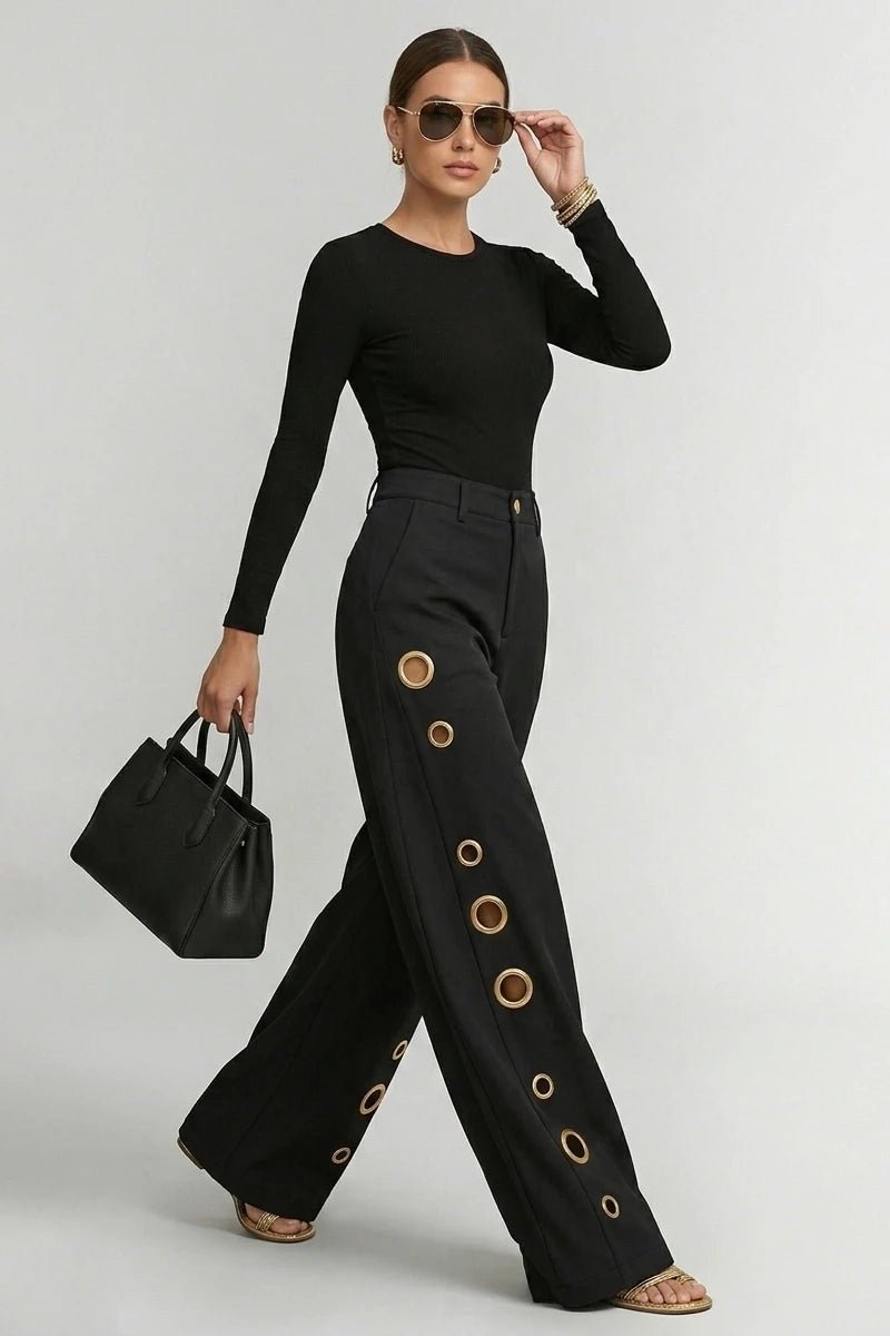 High Waisted Wide Leg Pants with Grommets - TGC Boutique - Pants