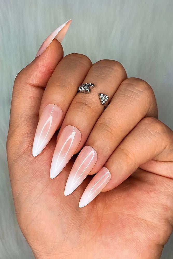 Long Almond Press On Nails Nude White Ombre Glossy Nail Kit - TGC Boutique - Press On Nails