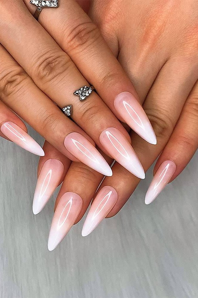 Long Almond Press On Nails Nude White Ombre Glossy Nail Kit - TGC Boutique - Press On Nails
