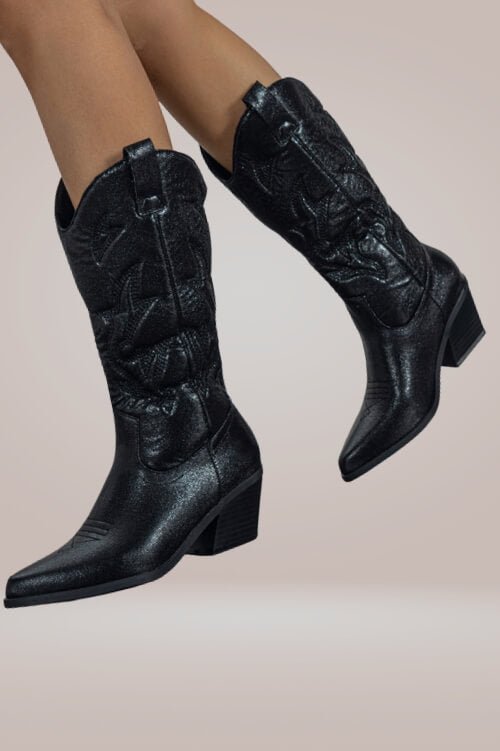 Mid-Calf Metallic Black Cowboy Boots - TGC Boutique - Boots