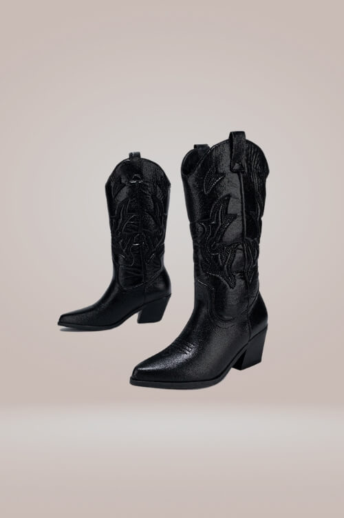 Mid-Calf Metallic Black Cowboy Boots - TGC Boutique - Boots