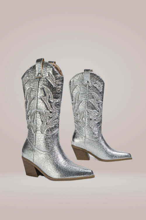 Mid Calf Metallic Silver Cowboy Boots - TGC Boutique - Boots