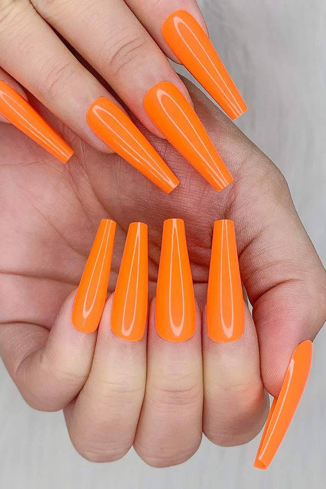 Orange Press On Nails, Extra Long Glossy Coffin Kit - TGC Boutique - Press On Nails