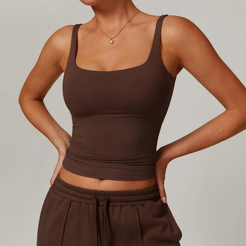 Tank top with built in bra in coffee brown, front view with square neckline