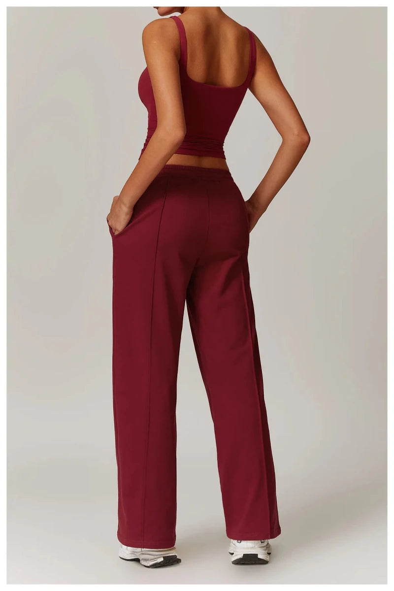 Red ribbed tank top with built in bra and square neck, back view