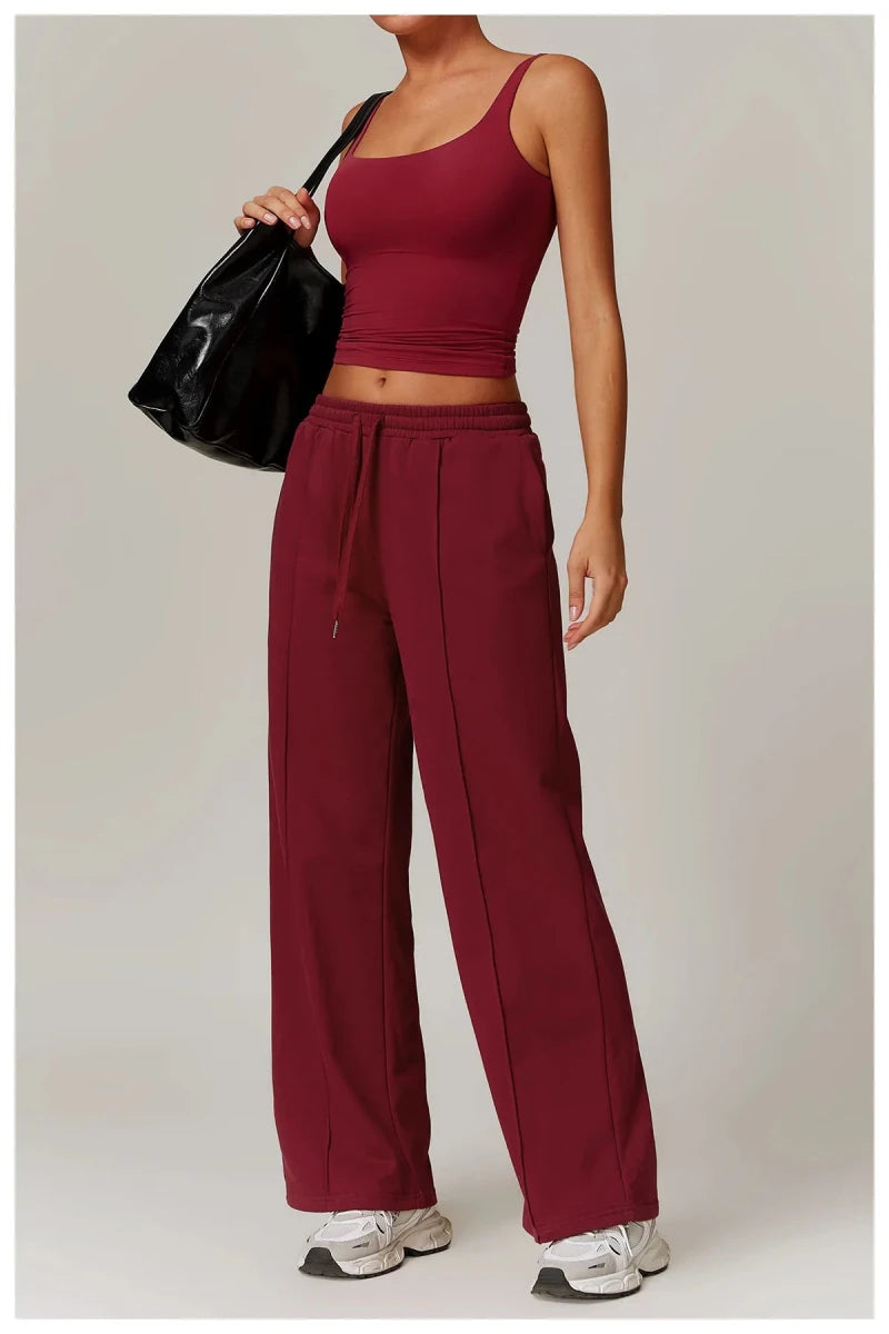 Red ribbed tank top with built in bra and square neck, full length with bag