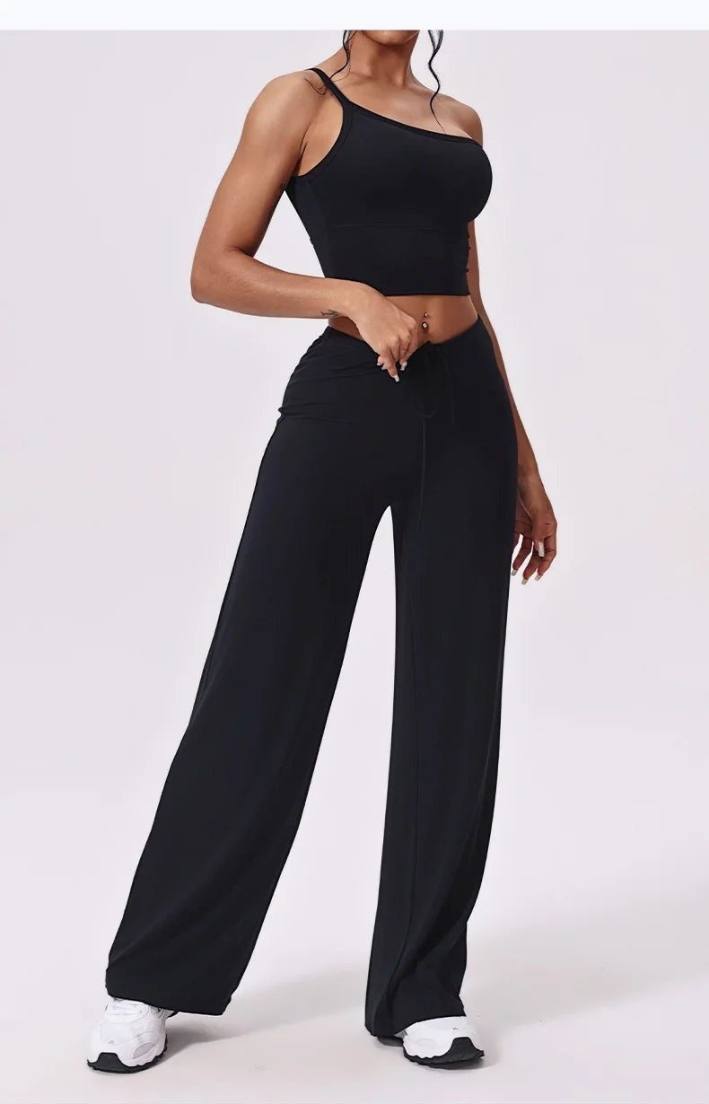 Black yoga pants front view, high waist